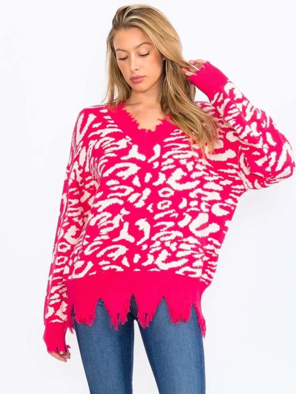 Hot Pink and White Leopard Print V-Neck Sweater